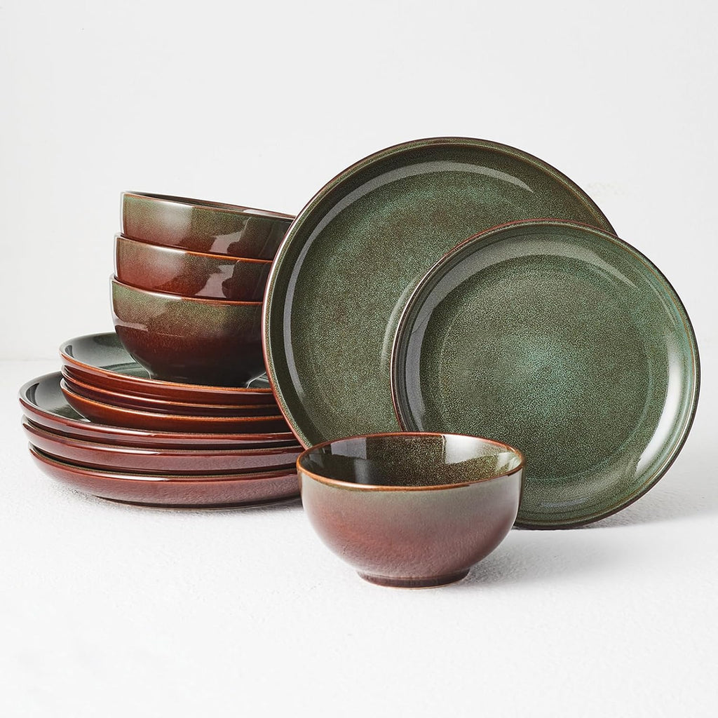 Stoneware Dinnerware Sets Service for 4, 12 pcs Reactive Glaze Plates and Bowls Sets, Handmade Ceramic Dish Set