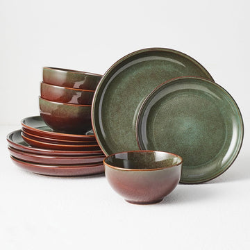 Stoneware Dinnerware Sets Service for 4, 12 pcs Reactive Glaze Plates and Bowls Sets, Handmade Ceramic Dish Set