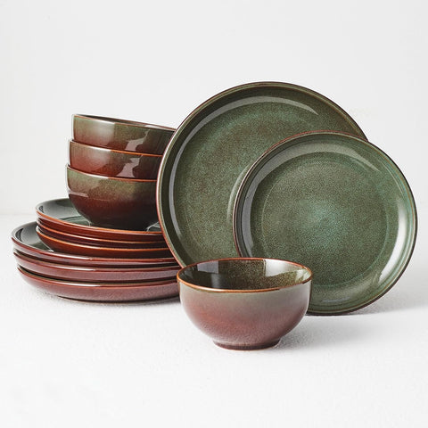 Stoneware Dinnerware Sets Service for 4, 12 pcs Reactive Glaze Plates and Bowls Sets, Handmade Ceramic Dish Set