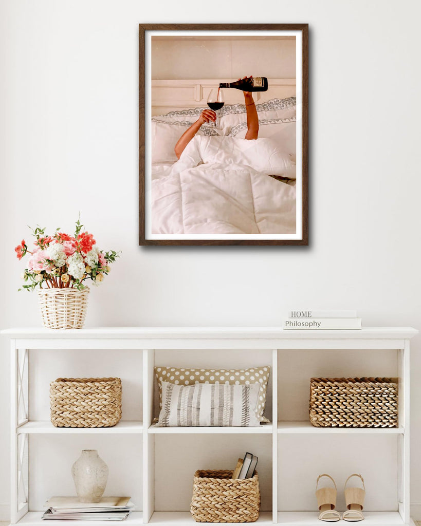 12x16 in Woman Drinking Wine in Bed Framed Wall Art