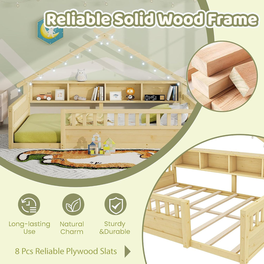 Floor Bed with Storage Bookshelves and Light, Wooden Montessori House Bed Frame with Roof Shape, High