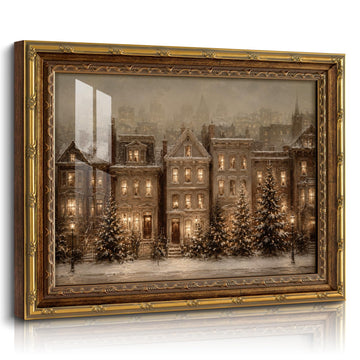 13x16 Gold Framed Canvas Wall Vintage Christmas Street Scene