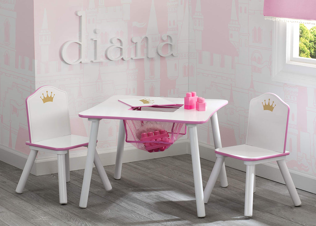 Children Princess Crown Kids Wood Table and Chair Set with Storage - Greenguard Gold Certified, White/Pink