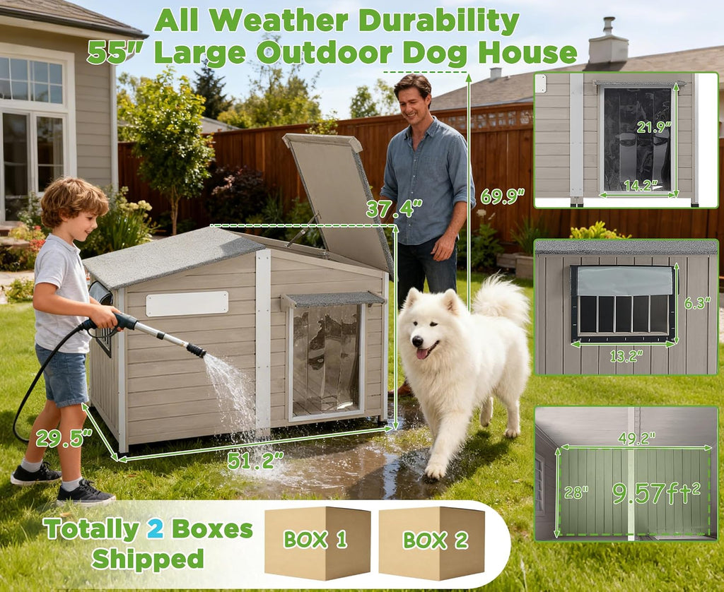 Large Dog House Outdoor Indoor -55" Weatherproof Extra XL Dog Kennel for Small to Large Sized Dogs Wooden Doghouse