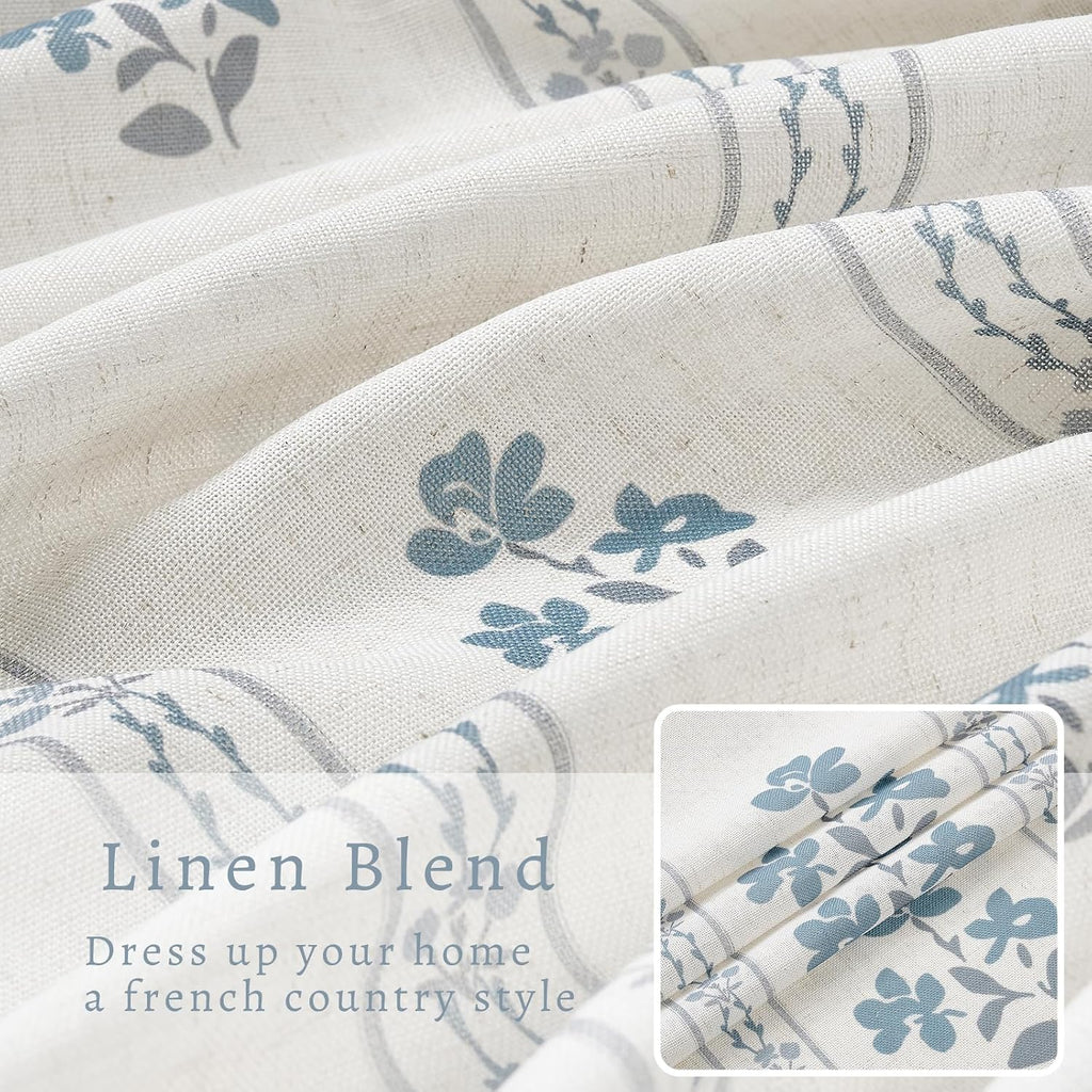 Blue Grey Pinch Pleated Floral Curtains 84 Inches Long for Living Dining Room Pinch Pleat Light Filtering Linen Semi