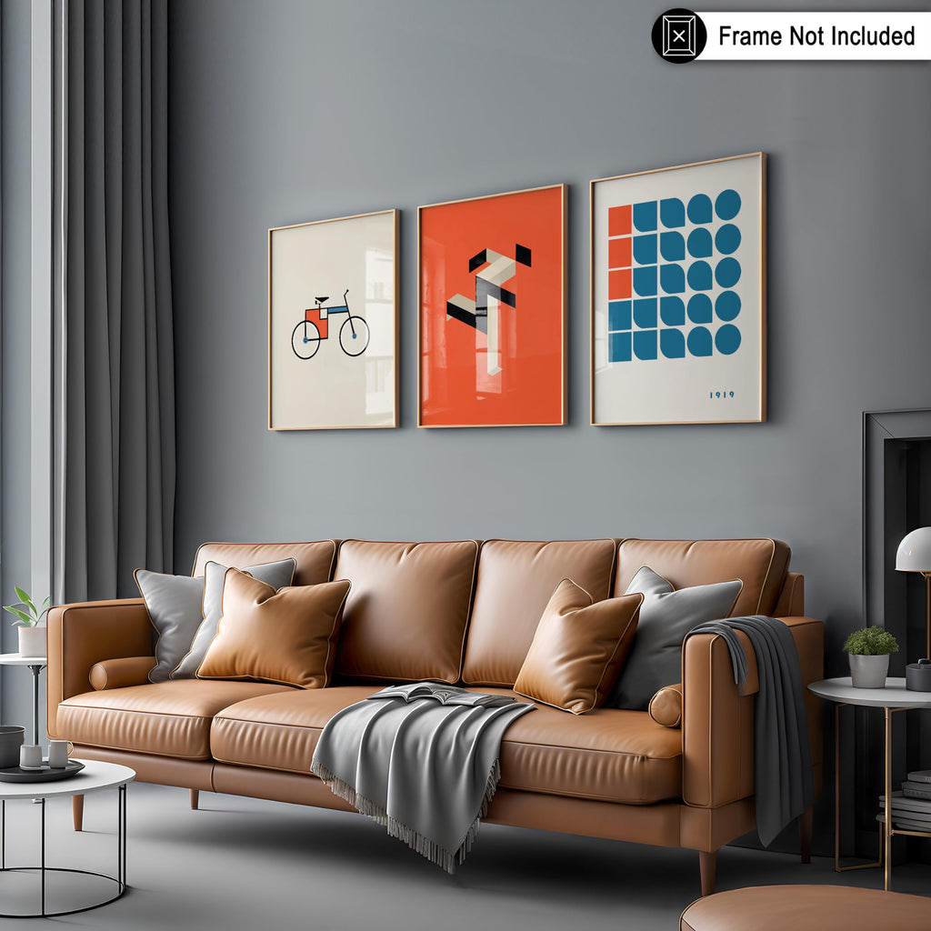3-Piece Bauhaus Geometric Poster - Retro Minimalist Print - Gift for Artist, Friend - Random Shape, Bicycle, Running