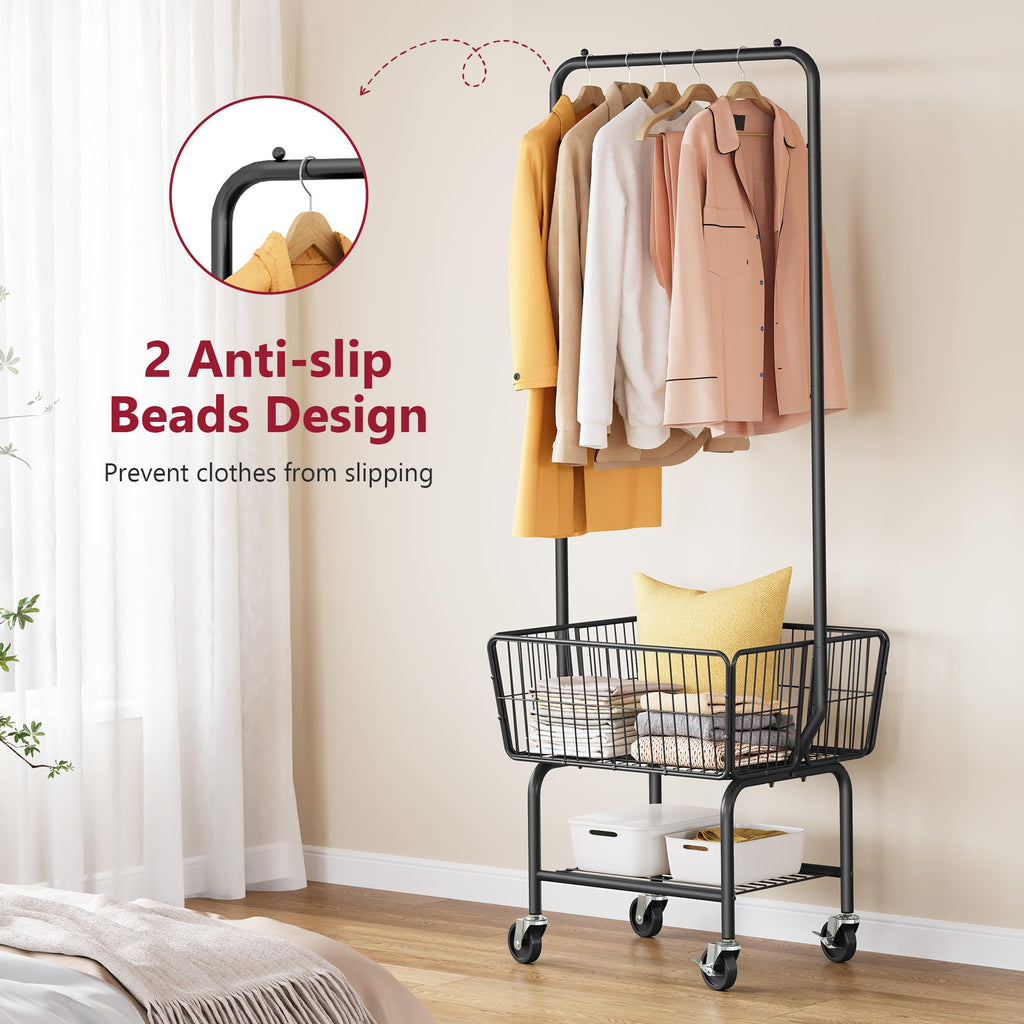 Rolling Laundry Cart with Hanging Rack & Laundry Basket, Black