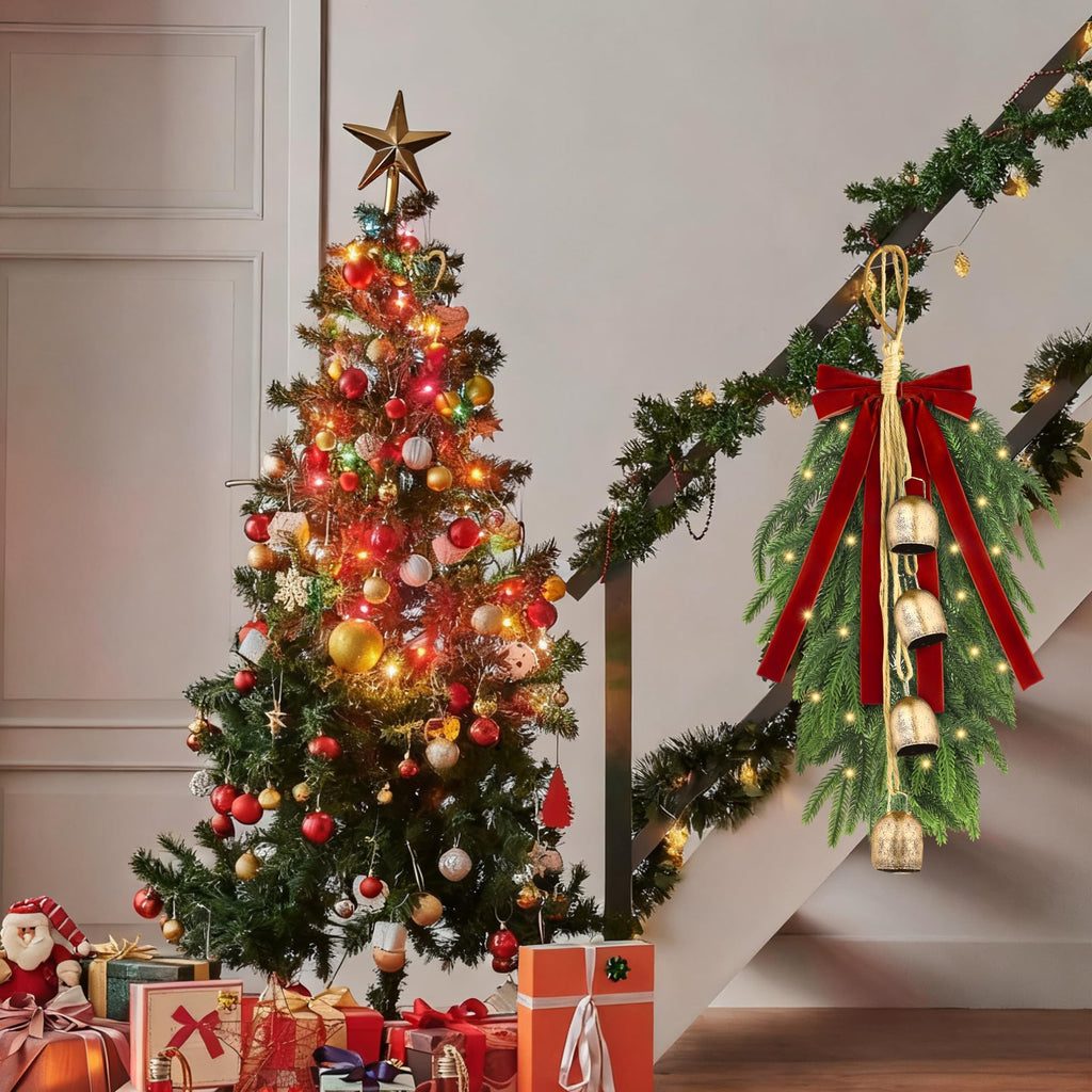 2 Pieces 20" Christmas Teardrop Swag for Front Door with Red Bowknot and Lights Artificial Norfork Pine Needles