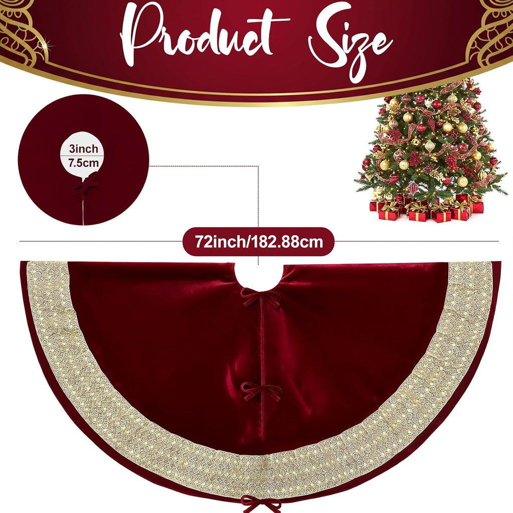 72 inch Christmas Tree Skirt, Extra Large Velvet Red Tree Skirt with Gold Glitter Trim, Rustic Vintage Xmas Tree