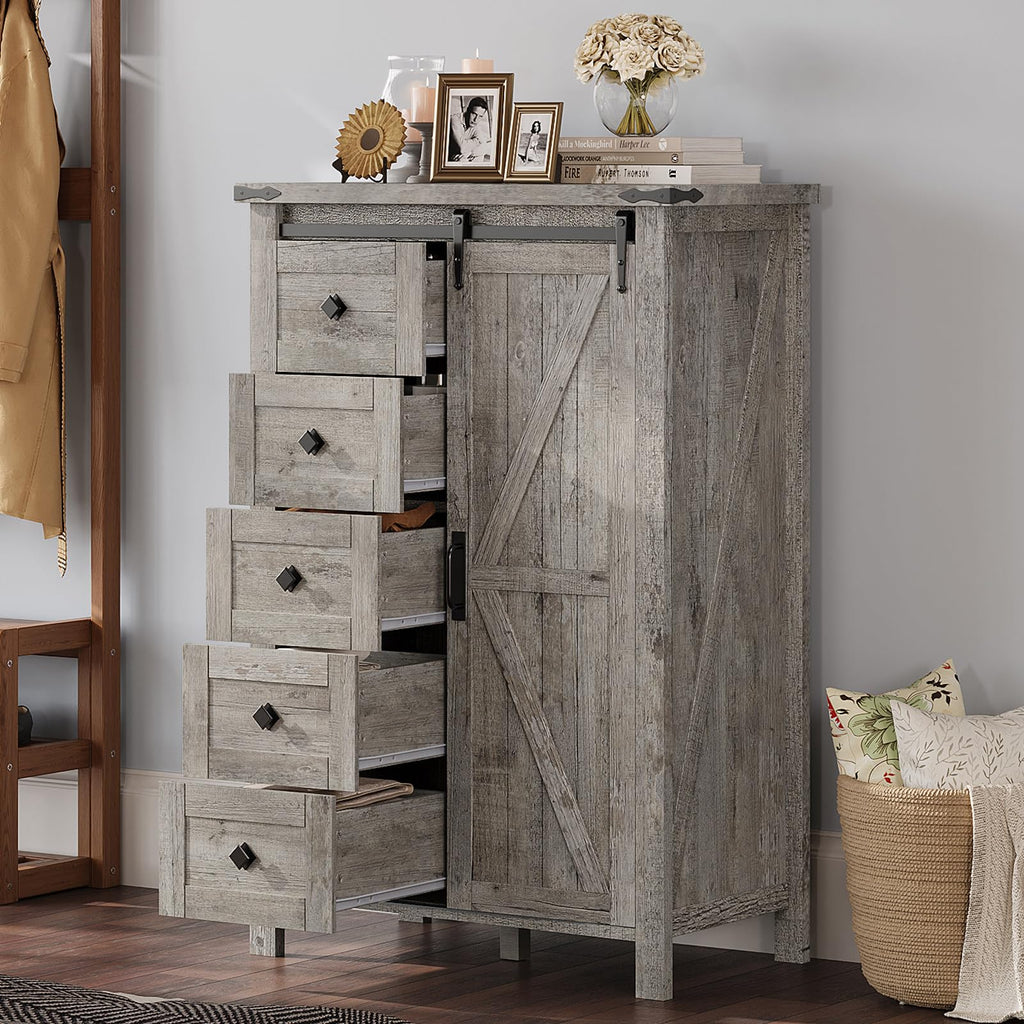 31.5" Farmhouse 5-Drawer Dresser with Barn Doors, Light Rustic Oak