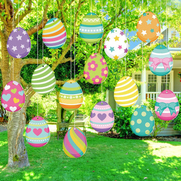 Easter Decorations Outdoor Easter Eggs Hanging Yard Signs 7.9 Inch Large Colorful Egg Shaped Double Sided - Set of 16