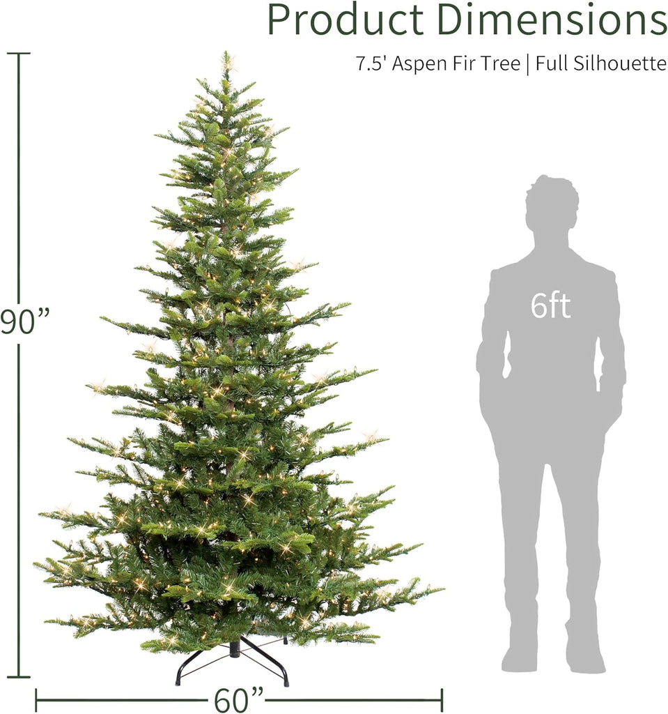 7.5ft Pre-Lit Aspen Fir Artificial Christmas Tree with 700 Clear Lights, 1319 Realistic Dense Branch Tips, Easy Setup