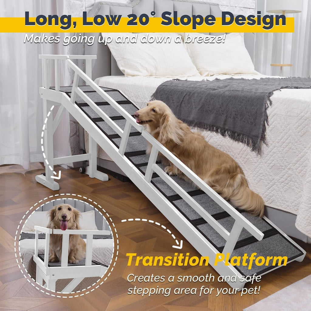 Dog Ramp for Bed or Couch, Wooden Pet Ramp with 20° Gentle Slope, Removable Side Rails, Non-Slip Surface, Top