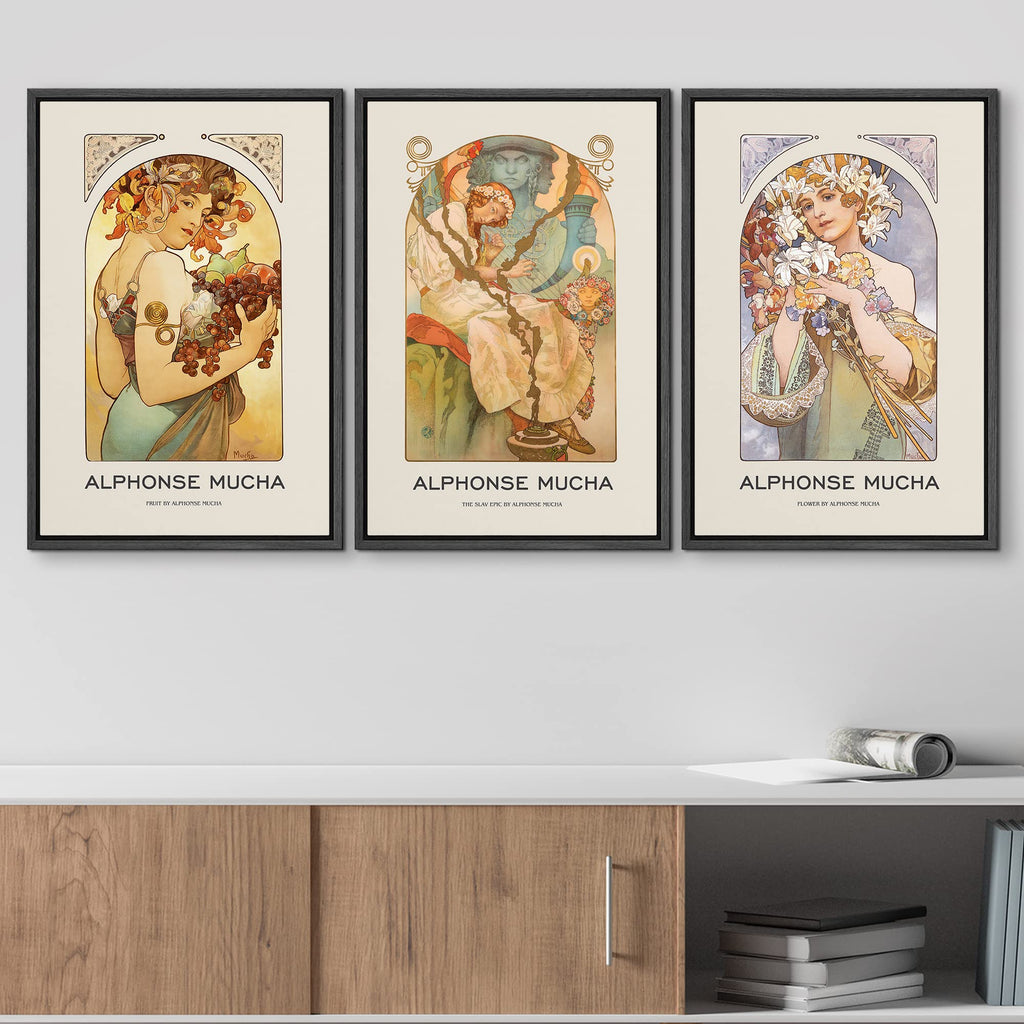 Framed Canvas Print Wall Art Set Alphonse Mucha Art Deco Flower Crown Women Nature People Illustrations Fine Art