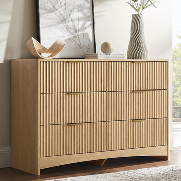 Fluted 6 Drawer Dresser, Modern Wood Chest of Drawers, Natural Oak