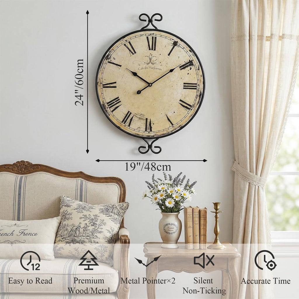 24 Inch Large Farmhouse Wall Clock, Wrought Iron Frame with Retro Gold Finish, Silent Battery Operated Wall Clocks