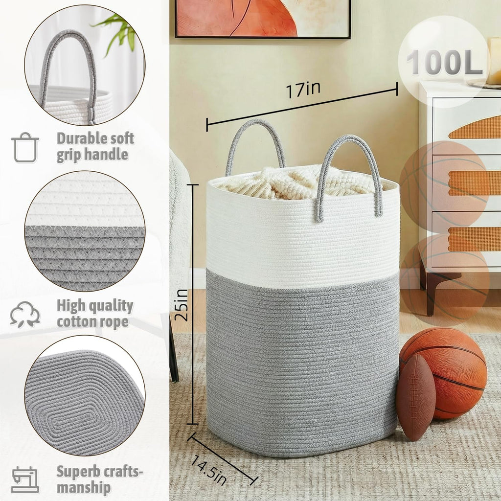 Cotton Rope Laundry Basket, Woven Clothes Hamper, 100L