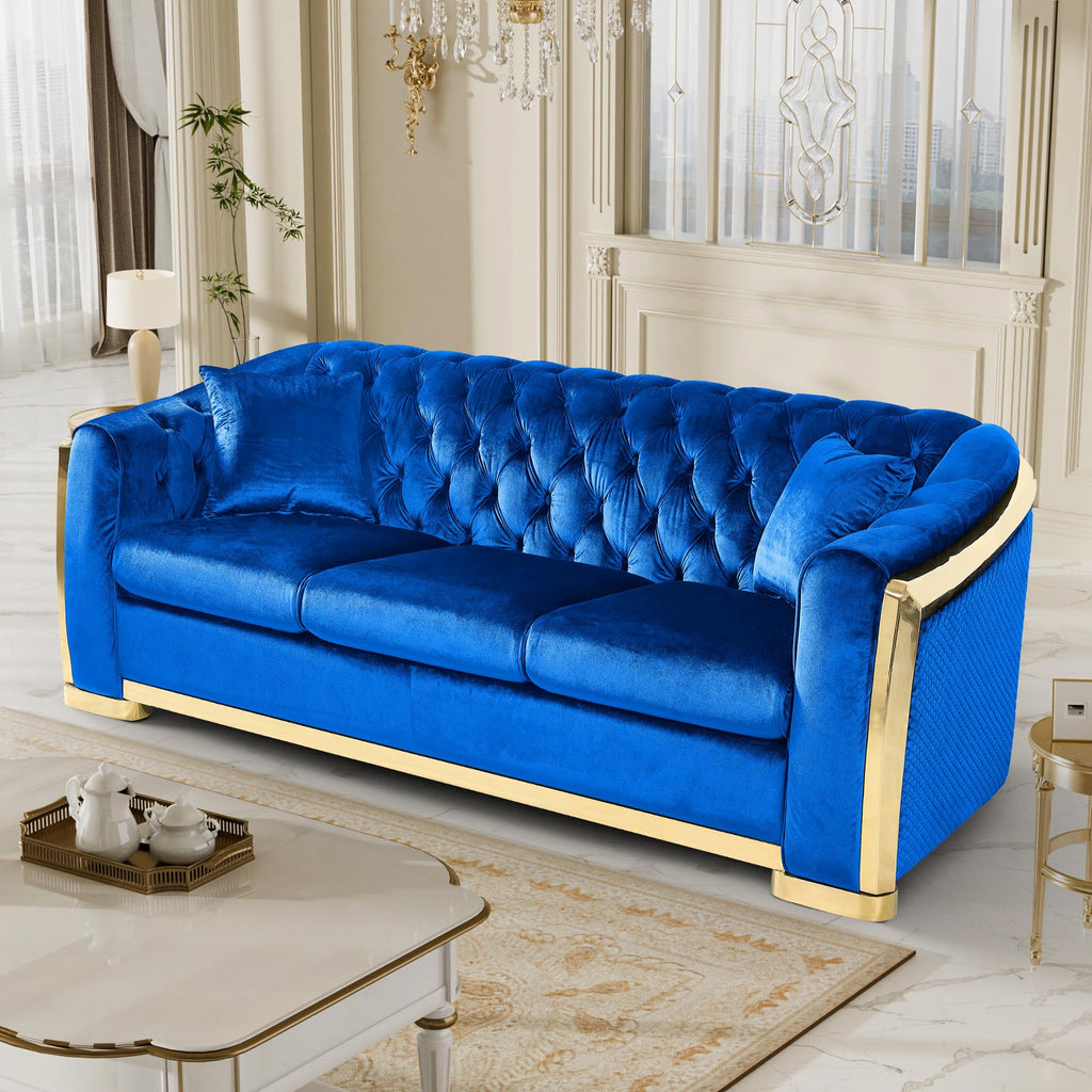 Chesterfield Loveseat and Sofa Set, Luxury Tufted Gold Couch, Blue