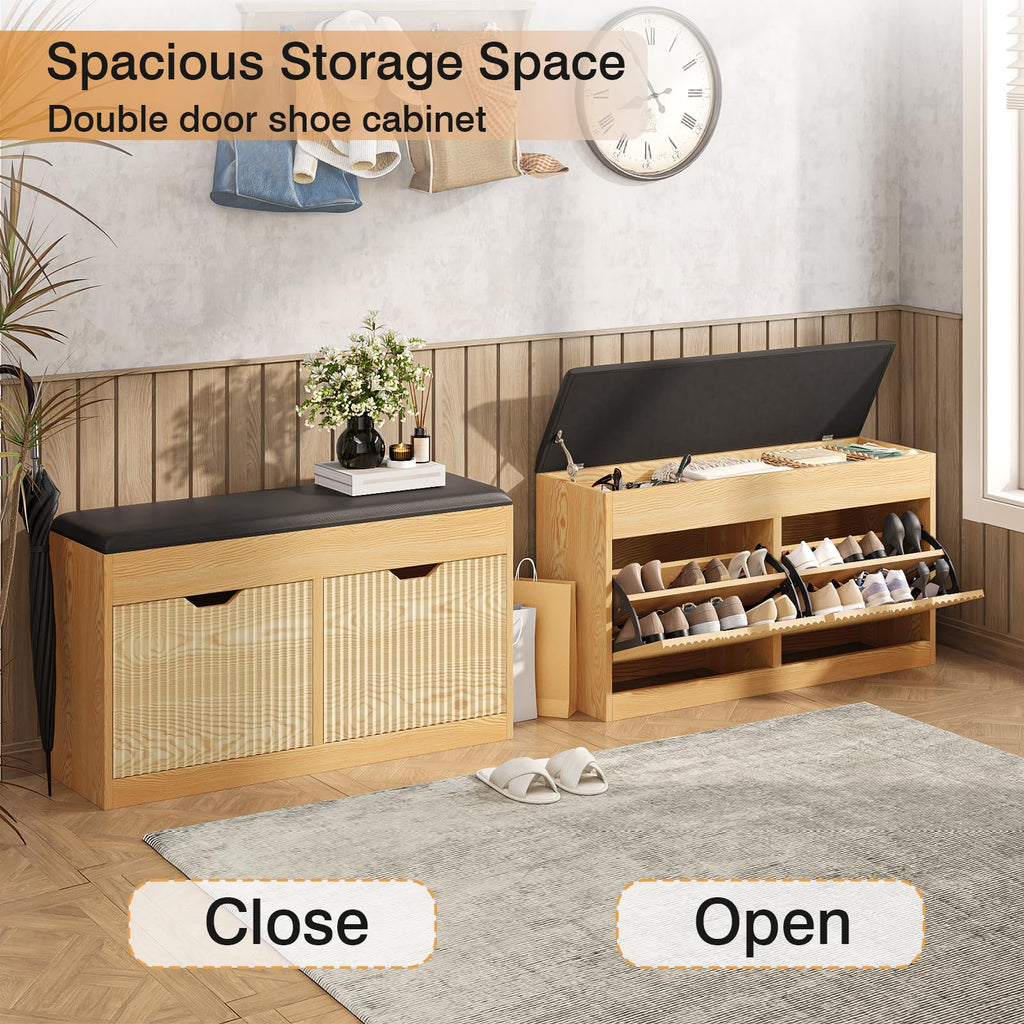 Shoe Storage Bench, 2-Tier Entryway Bench with 2 Flip, 39inches Storage Benches with Padded Cushion Hidden Shoe