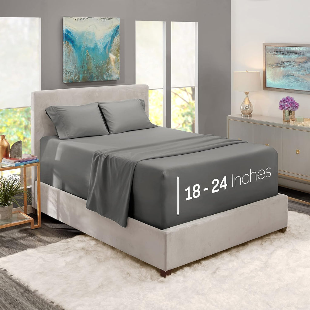 King Sheet Set, 4 Piece Extra Deep Pocket (18-24 inches), Microfiber, Hotel Luxury, Soft, Breathable, Wrinkle-Free