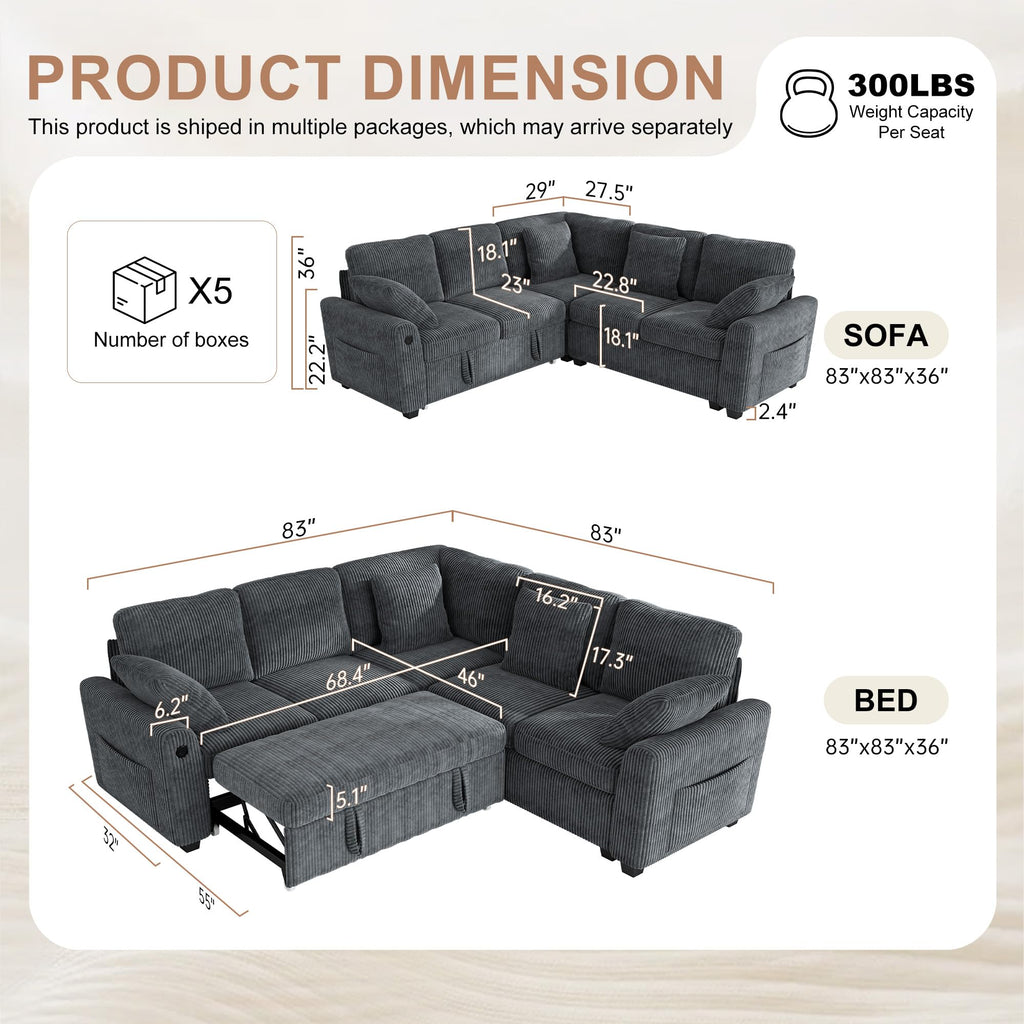 Sectional Sofa with Pull Out Couch Bed, 5 Seats Corduroy Sleeper Sofa with 2 Seat Storage & USB Charging, Comfy L