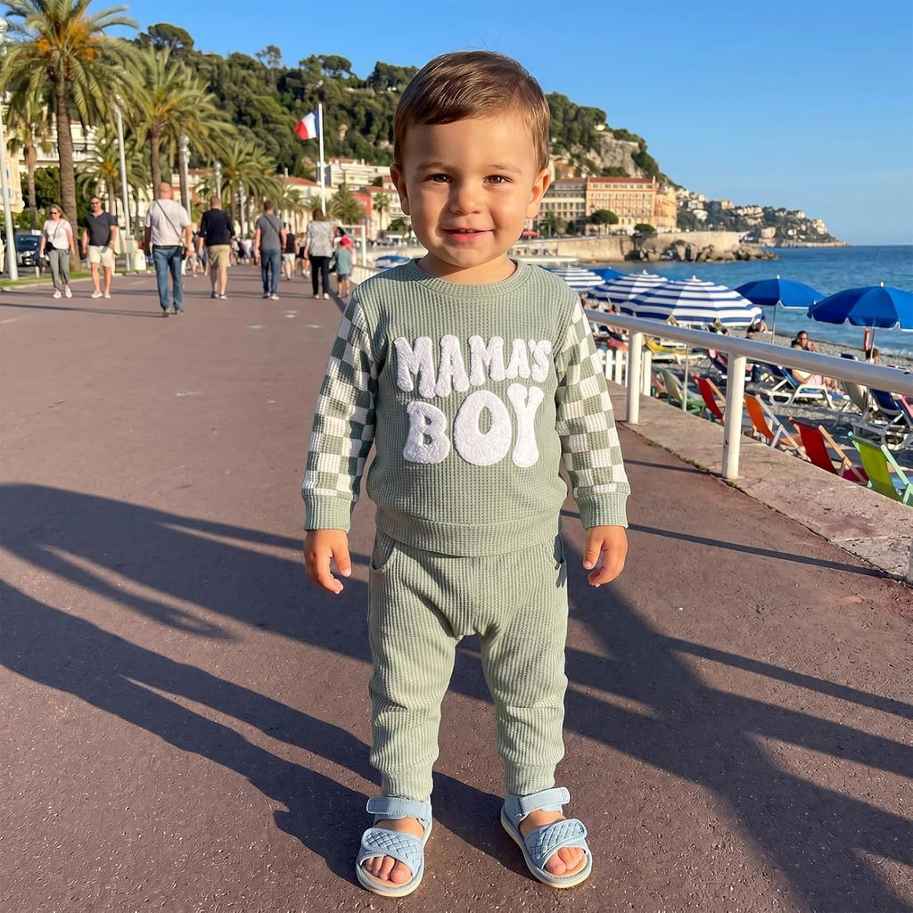 Toddler Baby Boy Fall Clothes Waffle Winter Outfits Letter Checkerboard Long Sleeve Sweatshirt and Pants 2 Pcs Sets