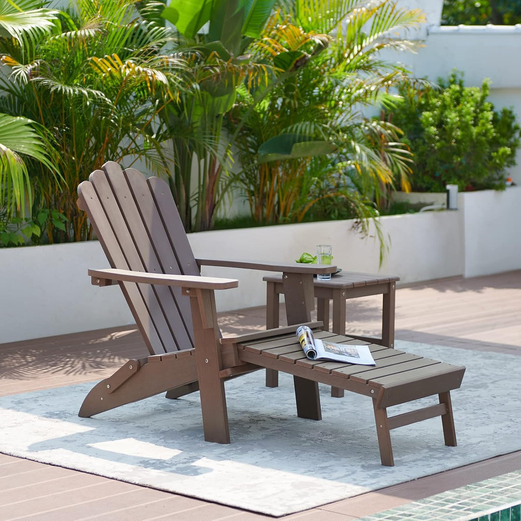 Folding Adirondack Chairs with Retractable Ottoman, Dark Brown | 350Lbs Support, All-Weather Resistant, Patio Chairs