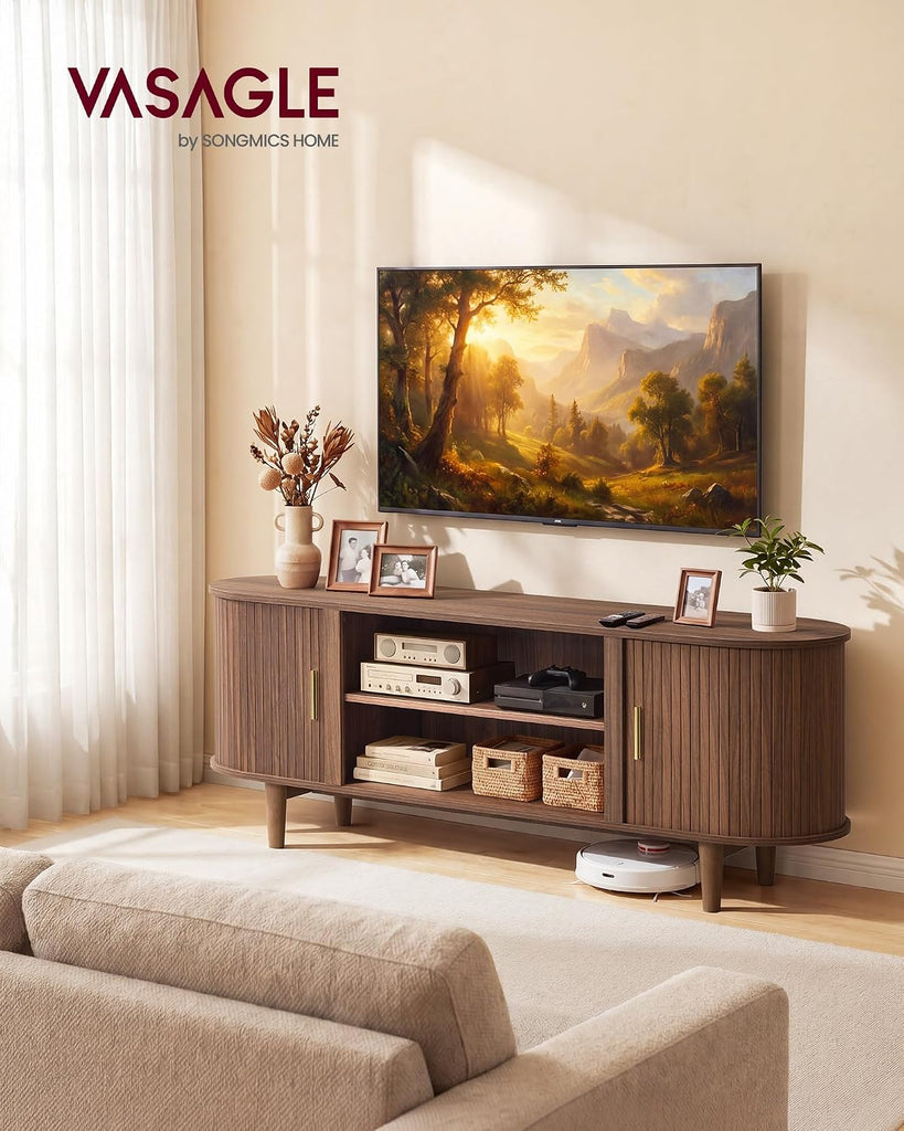 TV Stand for 65-Inch TVs, Mid Century Entertainment Center with Storage, Fluted Sliding Doors, Media Console Table
