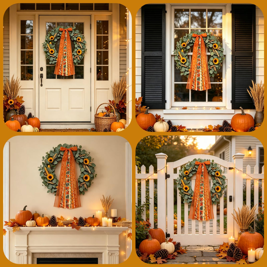 Fall Bows for Wreaths, Clip-On Wreath Sash Ribbons for Front Door, Fall Decor for Thanksgiving Harvest Festival