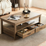Farmhouse Coffee Table, Rectangle Coffee Table with Drawers, Rustic Wooden Coffee Tables with Storage, Center Table