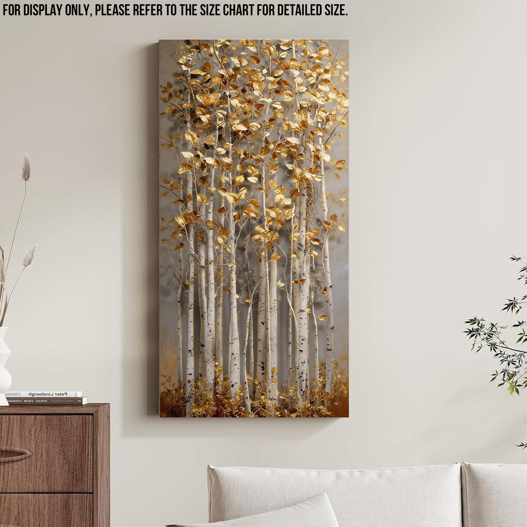 Birch Tree Canvas Wall Art, Gold-Tone 3D Visual Effect Forest Artwork, Flat-Printed Gallery Wrapped Canvas, Vertical