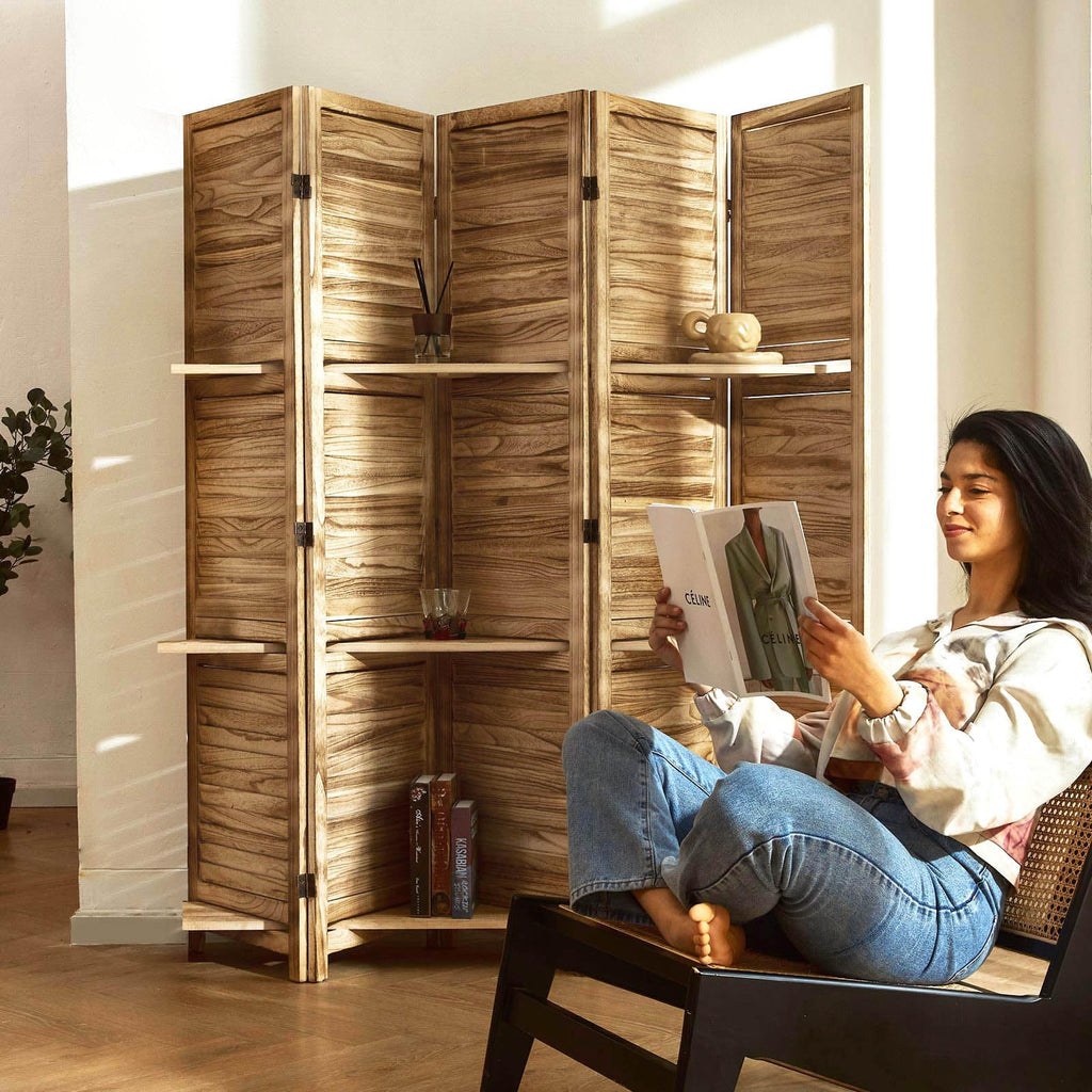 Partition Room Dividers, Folding Wood Privacy Screen with Three Display Shelves Suitable, Study, Art Display - 5