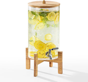 2 Gallon Glass Drink Dispenser with Stand, Beverage Dispenser with Wood Lid and Stainless Steel Spigot, Glass Water