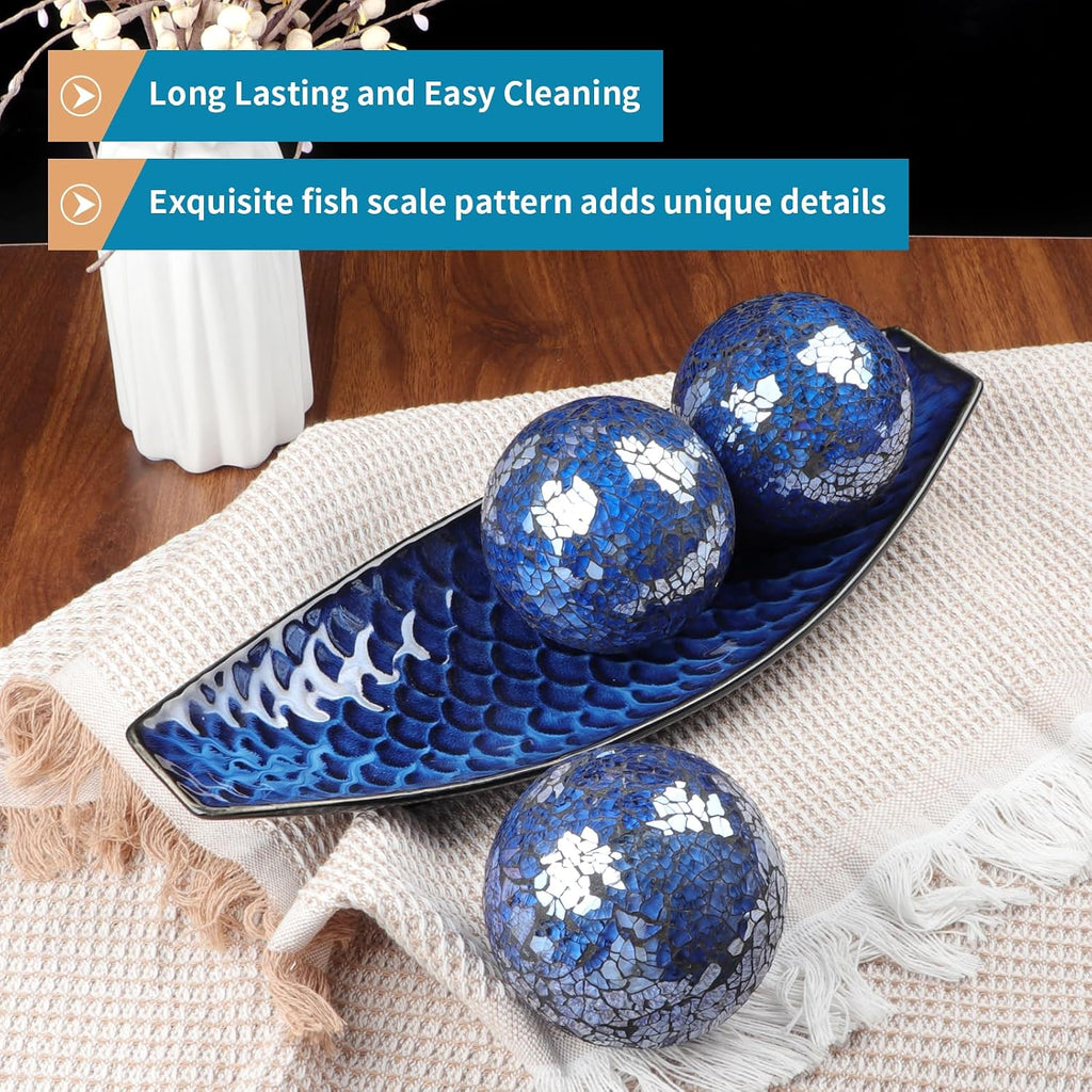 16" Large Ceramic Decorative Tray and 4" Glass Mosaic Balls Set of 4, Long Boat Shaped Centerpiece Bowl and Orbs Set