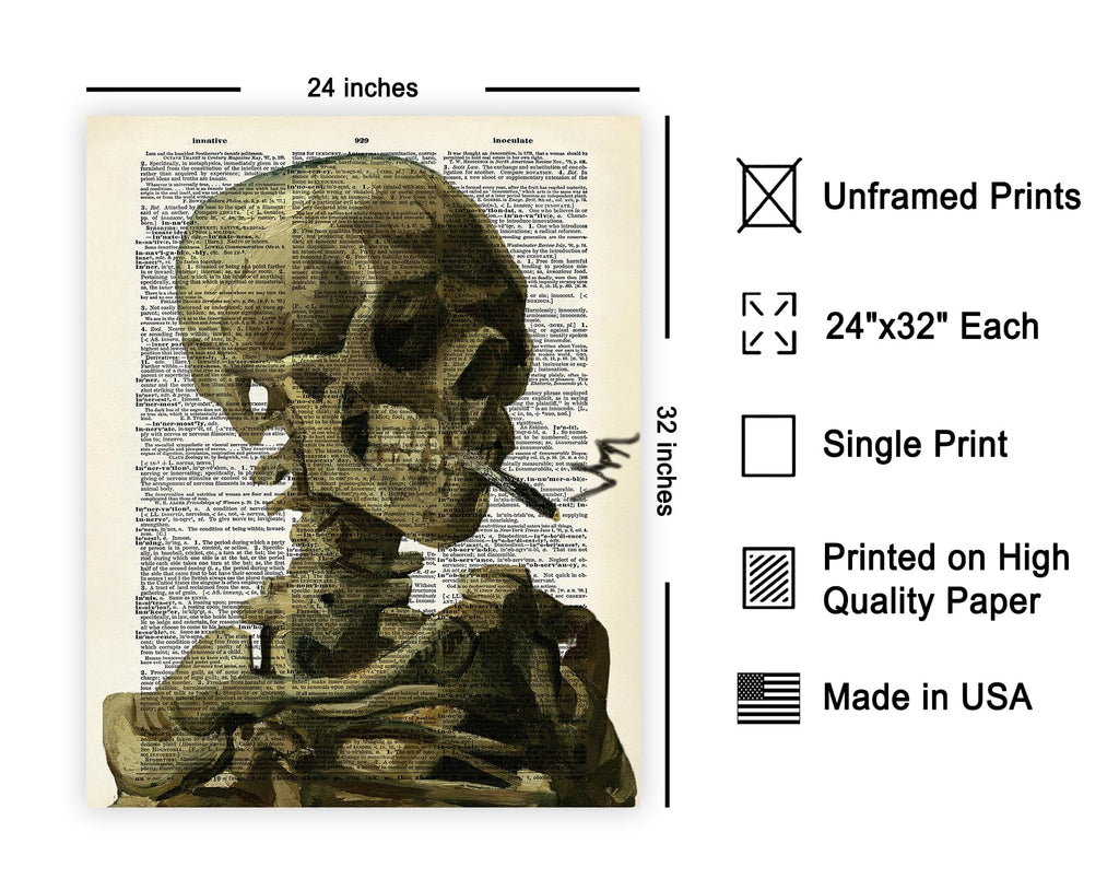 Master Dictionary Art Poster - Retro Skull of a Skeleton with Burning Cigarette Print - Gift for Men, Women