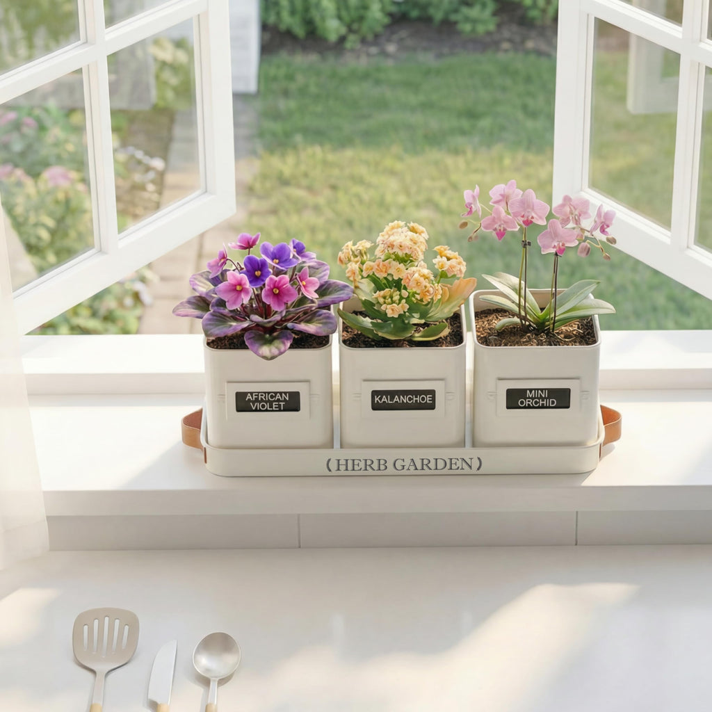 Indoor Herb Garden, Herb Planter Set with Tray, Farmhouse Indoor Plant Pots, Windowsill Herb Garden with