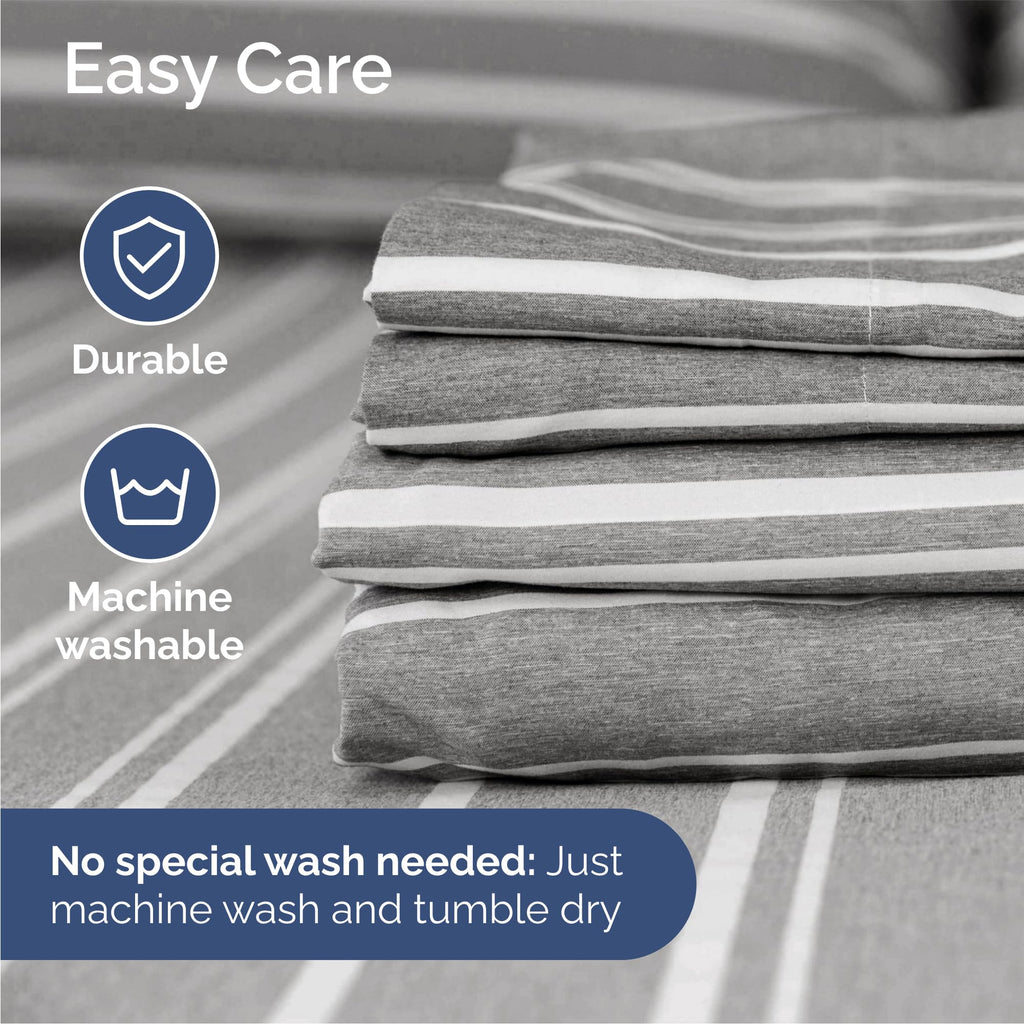 Queen Size 4 Piece Sheet Set - Breathable & Cooling Sheets - Grey Stripes