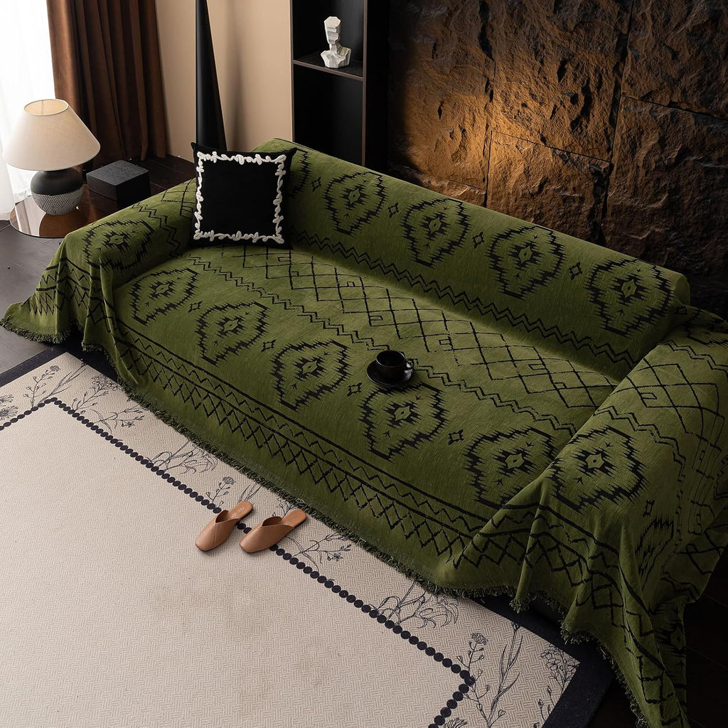 Bohemian Green Couch Cover for Dog, Non Slip Sectional Sofa Covers Furniture Protector Washable Tribal Pattern Couch