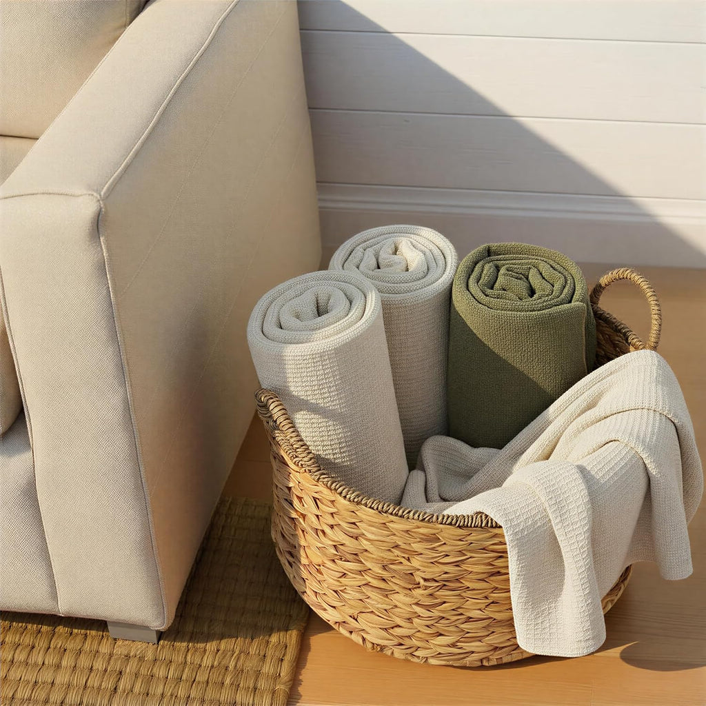 Round Handwoven Water Hyacinth and Seagrass Basket with Handles, Natural
