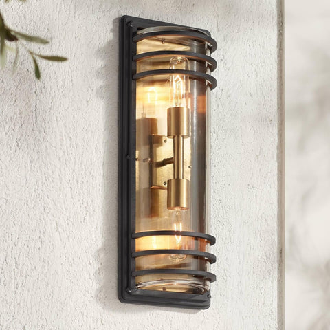 Modern Industrial Outdoor Wall Light Fixture Black Brass Gold Metal Frame 21" Clear Glass Shade for Post Exterior Barn Deck Porch Yard Patio Outside Garage Front Door A123-B0BDVNVPFP