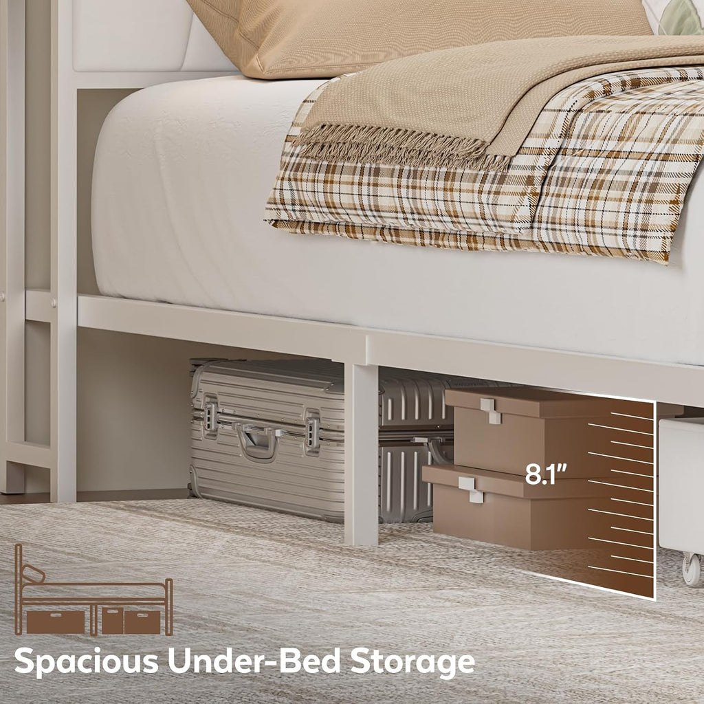Queen Corner Bed Frame with Storage Drawers, Modern Daybed with LED Lights and Charging Station, Metal Platform Bed
