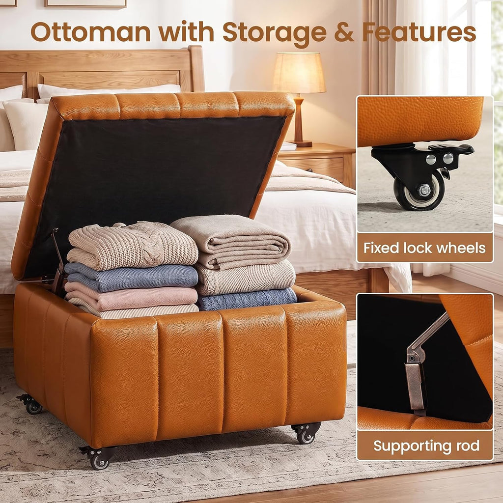 Square Leather Ottoman with Storage and Wheels,360°Rolling ottoman,Faux Leather Flip Top Storage Footstool Coffee
