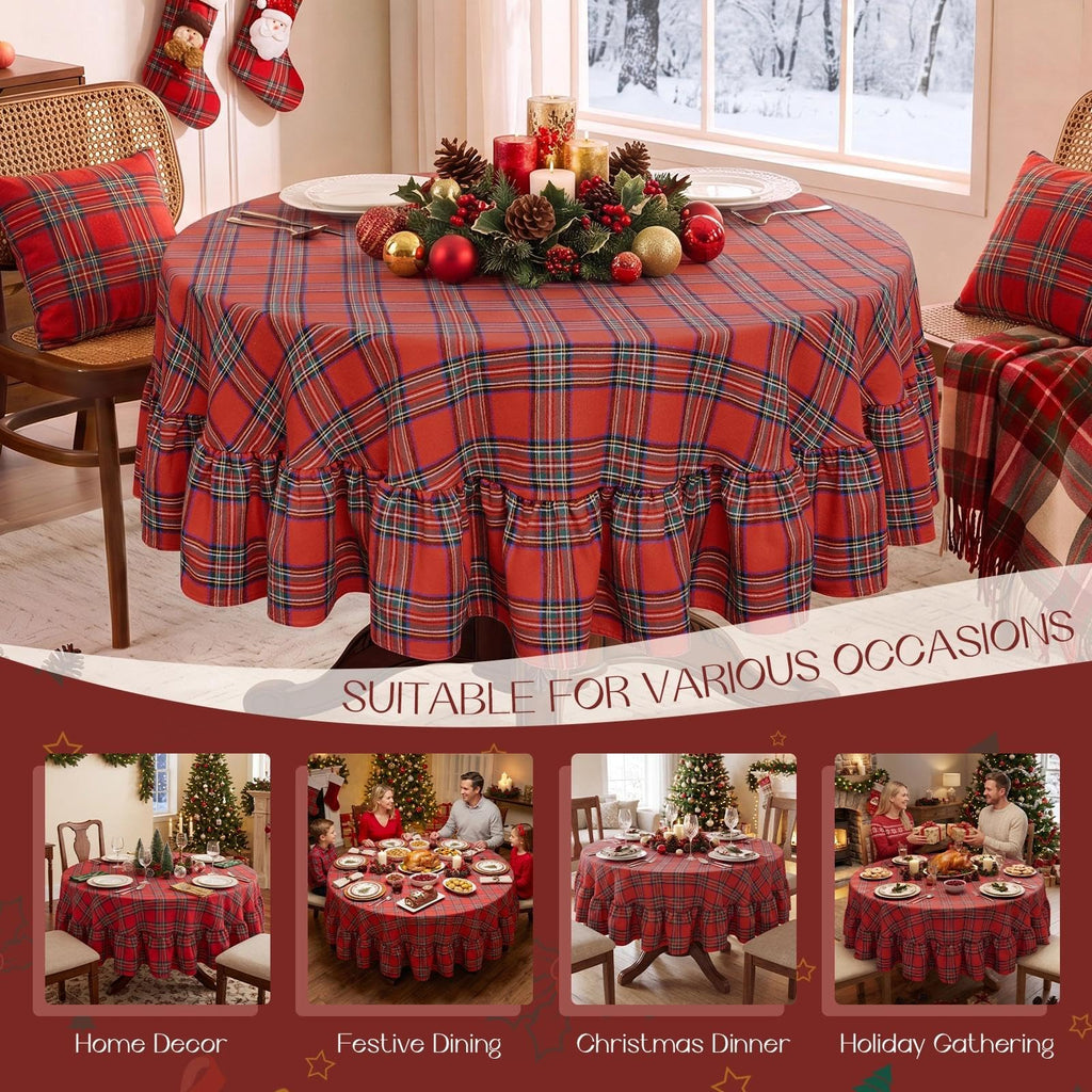 Christmas Plaid Ruffled Round Tablecloth, 70 Inch Red