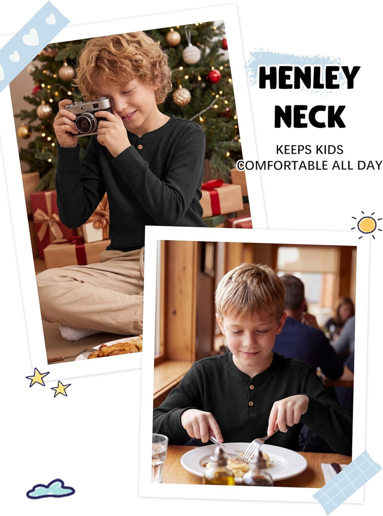 Boys Henley Long Sleeve Soft Boys Long Sleeve Shirts Waffle Thermal Henley T-Shirts Fall Base Layer Tees for Kids