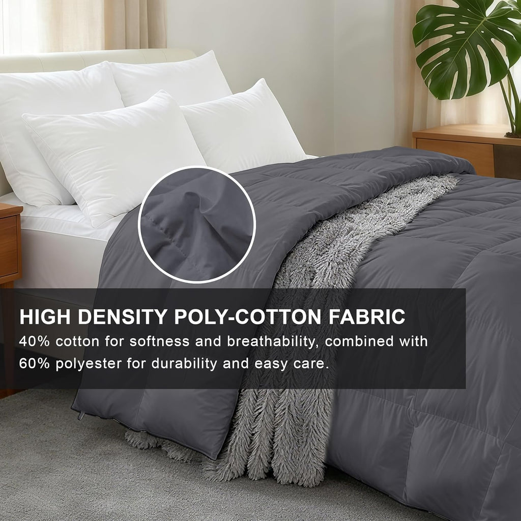 Luxury Goose Feather Down Fiber Comforter Queen, 300TC Grey Cotton Blended Duvet Insert