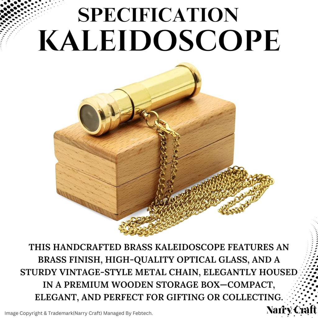 Brass Kaleidoscope with Wooden Box | Handcrafted Vintage Kaleidoscope with Optical Glass Lens & Wooden Storage Box