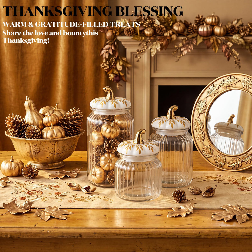 3 Set Fall Pumpkin Glass Jar with Pumpkin Airtight Ceramic Lid 44 oz 33 oz 22oz Clear Candy Jar Food Storage Canister