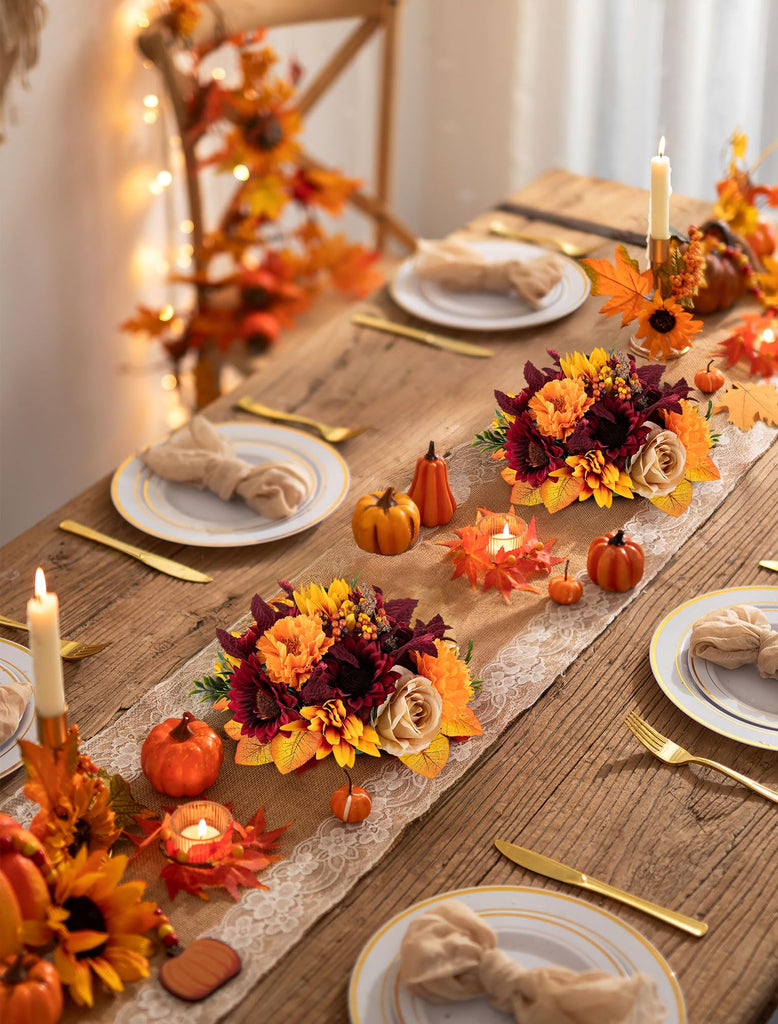 Fall Centerpieces for Tables Decorations, 2 Pcs, Red and Orange