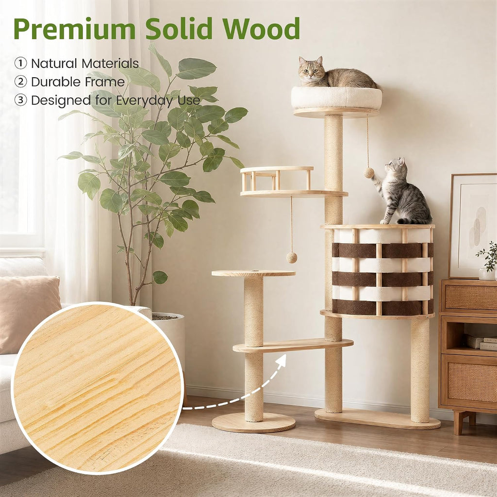 48 Inch Chessboard Solid Wood Cat Tree, Modern Cat Tower for Indoor Cats