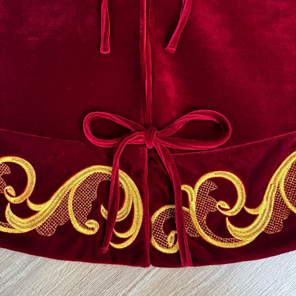 84-Inch Velvet Christmas Tree Skirt with Golden Swirl Embroidery and Lace Tie Closures, Burgundy